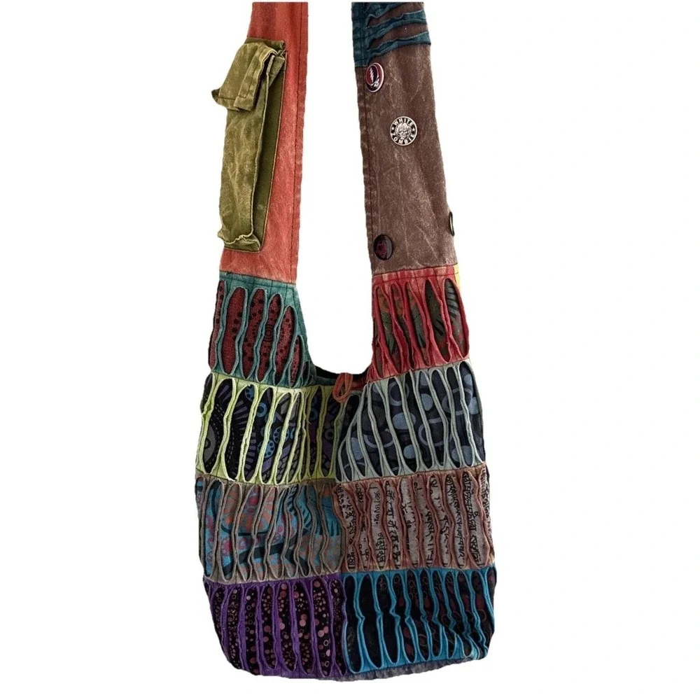 Himalaya Nepal Handcraft Boho Fabric Crossbody Hippie Bag- Large W/ Pins Zombie